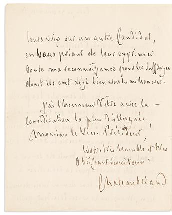 CHATEAUBRIAND, FRANÇOIS RENÉ DE. Small archive of 6 letters Signed, Chateaubriand, and an unsigned note, to the Baron de Vitrolles or